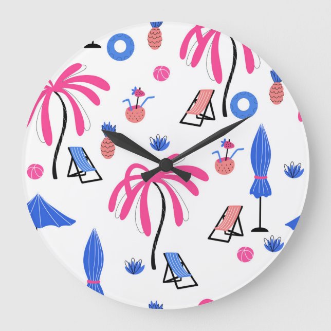 Reloj Redondo Grande Vacaciones de verano: Patrón de piñas de palmeras (Anverso)