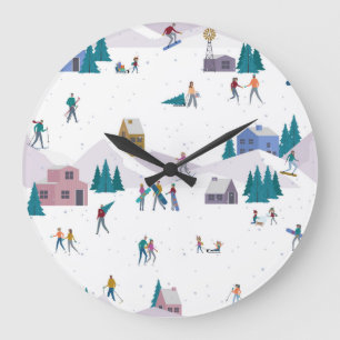 Reloj Redondo Grande Vacaciones en los Alpes de Invierno: gente activa 
