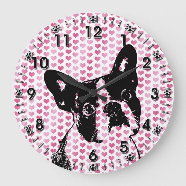 Reloj Redondo Grande Valentines - Silhouette Boston Terrier (Anverso)