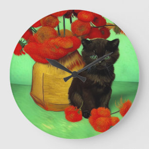 Reloj Redondo Grande Van Gogh Black Kitten Red Flowers
