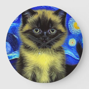 Reloj Redondo Grande Van Gogh Starry Night Siamese Cat