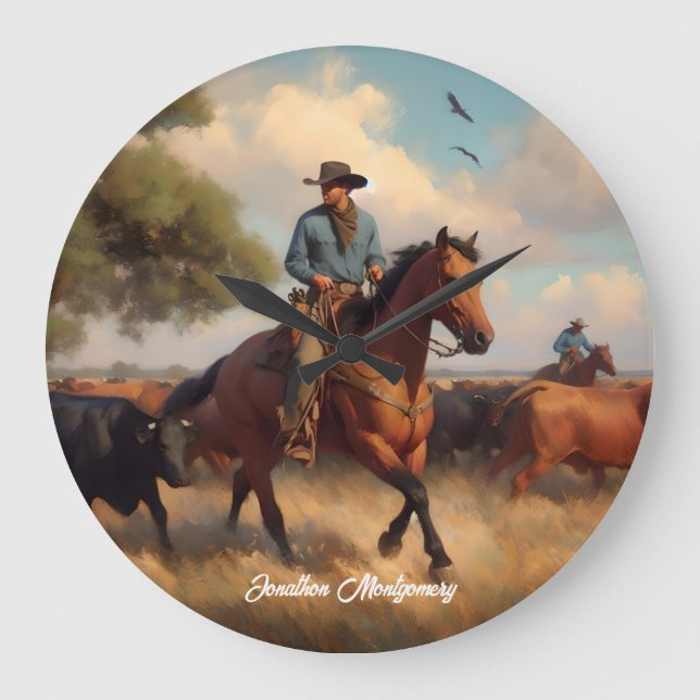 Reloj Redondo Grande Vaquero arreando ganado a caballo (Anverso)