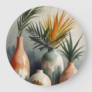 Reloj Redondo Grande Vasijas tropicales en tonos acuáticos