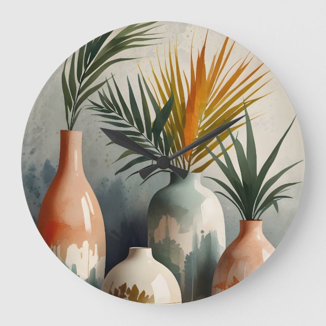 Reloj Redondo Grande Vasijas tropicales en tonos acuáticos (Anverso)