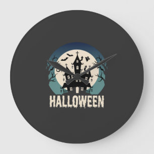 Reloj Redondo Grande Vector de Casa Embrujada de Halloween a la Luz de