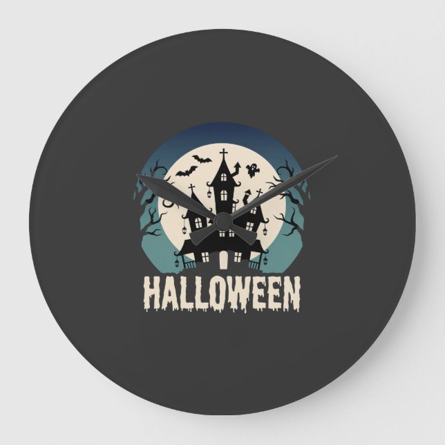 Reloj Redondo Grande Vector de Casa Embrujada de Halloween a la Luz de  (Anverso)