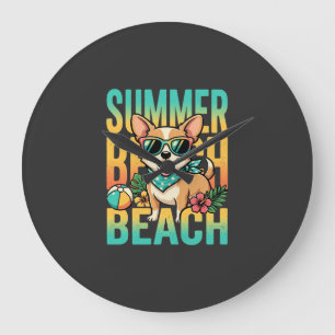 Reloj Redondo Grande Vector de vacaciones de perro en la playa de veran