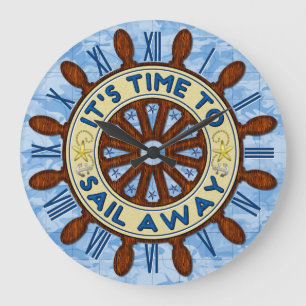 Reloj Redondo Grande Vela azul náutica del mapa de la rueda de madera