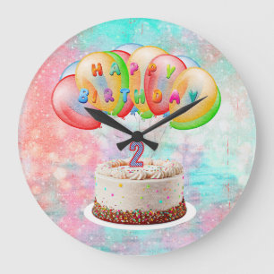Reloj Redondo Grande Vela número 2 en pastel, cumpleaños feliz, colorid