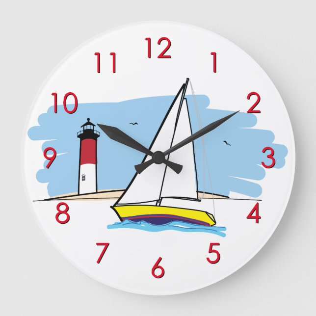 Reloj Redondo Grande Velero y faro del Dibujo animado-Estilo (Anverso)