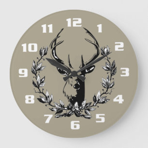 Reloj Redondo Grande Venado en hojas de laurel