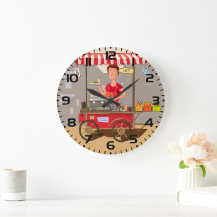 Reloj Redondo Grande Vendedor de comida callejera sonriente Carrito de 