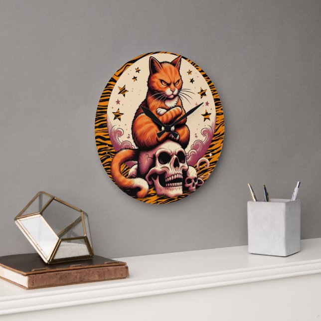 Reloj Redondo Grande Vengeful Orange Cat, Skulls and Moon (Oficina)