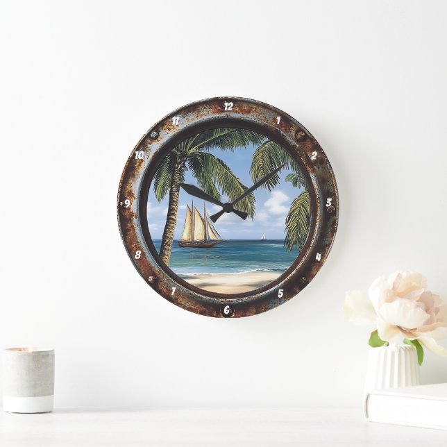 Reloj Redondo Grande Ventana Náutica Rústica Tropical (Hogar)