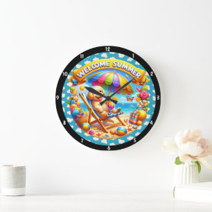 Reloj Redondo Grande Verano Con Escena De Playa Relajante Cachorro