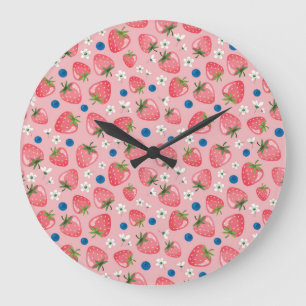 Reloj Redondo Grande Verano de fresa, fondo personalizado de niñita.