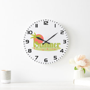 Reloj Redondo Grande Verano de palmeras con sol y playa