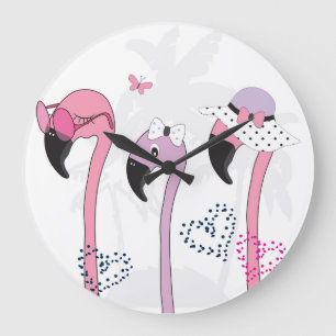 Reloj Redondo Grande Verano Flamingo: Ilustracion Beach Vintage.