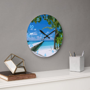 Reloj Redondo Grande Verano Tropical Playa Océano Acuarela