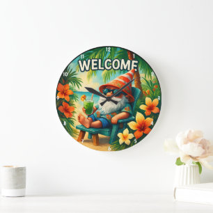 Reloj Redondo Grande Verano vibrante con tema de Gnome tropical Hibiscu