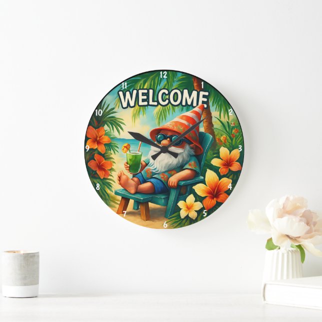 Reloj Redondo Grande Verano vibrante con tema de Gnome tropical Hibiscu (Hogar)