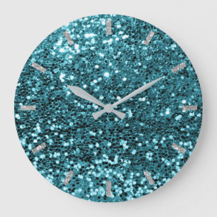 Reloj Redondo Grande Verde azulado Aqua Blue Sparkly Faux Purpurina Gra