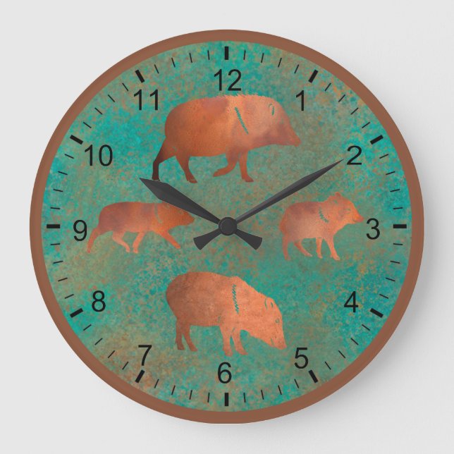 Reloj Redondo Grande Verde azulado de cobre de la familia Javelina Cute (Anverso)