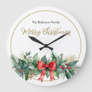 Reloj Redondo Grande Verde festivo con cinta roja Elegante Navidad