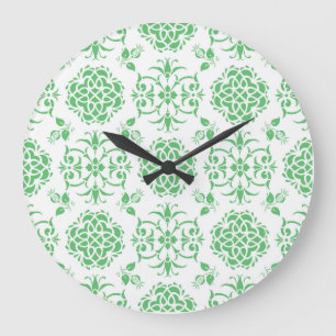 Reloj Redondo Grande Verde Menta y Blanco Patrón de Estilo Damask Flora