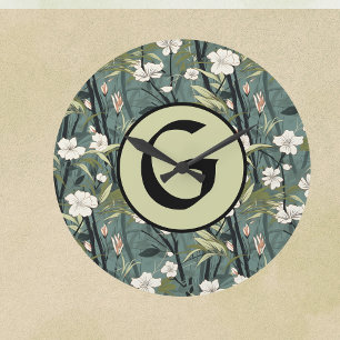 Reloj Redondo Grande Verde Salvia Chinoiserie Floral Blanco Inicial 
