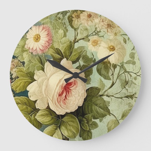 Reloj Redondo Grande Verdes Flores Rosa Vintage  (Anverso)