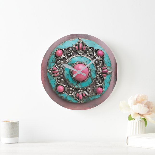 Reloj Redondo Grande Verdigris and pink pearl metal art (Hogar)