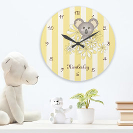 Reloj Redondo Grande Vestido de Raya Amarilla Koala Bebé Sala de Nurser