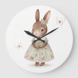 Reloj Redondo Grande Vestido Floral de Conejo con Acuarela