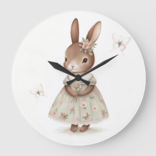 Reloj Redondo Grande Vestido Floral de Conejo con Acuarela