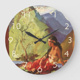 Reloj Redondo Grande Viajes Vintage, Mujer Nativa del Paisaje de Nueva 