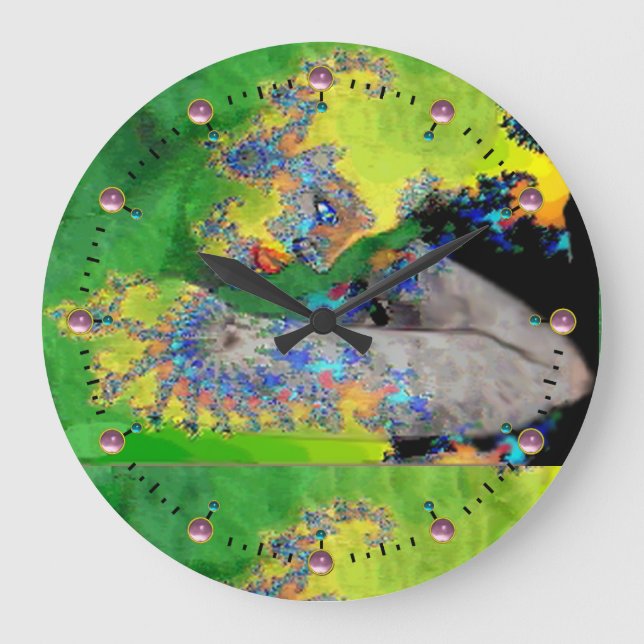 RELOJ REDONDO GRANDE VIBRACIONES DE MATERIA, MUJER FRACTAL EN AMARILLO  (Anverso)