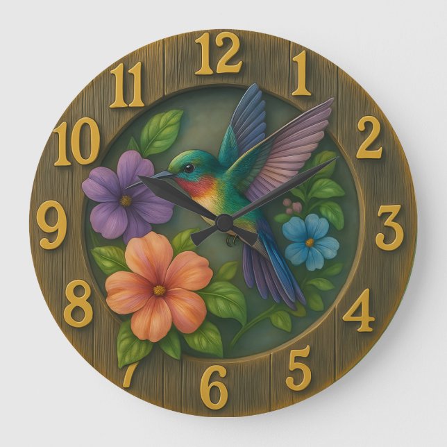 Reloj Redondo Grande Vibrant hummingbird garden clock with floral detai (Anverso)