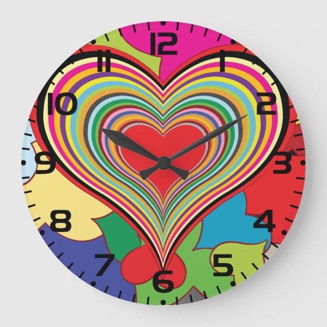 Reloj Redondo Grande Vibrant Rainbow Layered Heart Abstract (Anverso)