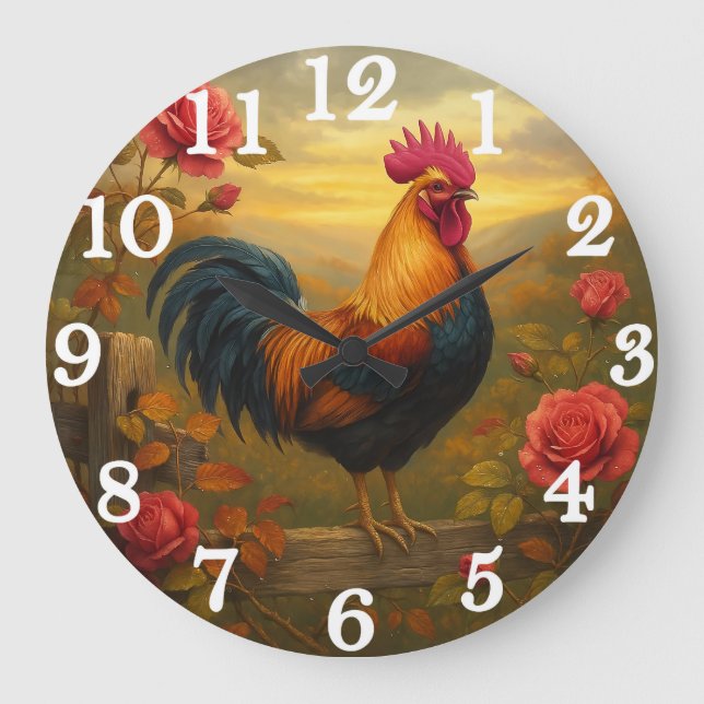 Reloj Redondo Grande Vibrant rooster in golden sunset (Anverso)