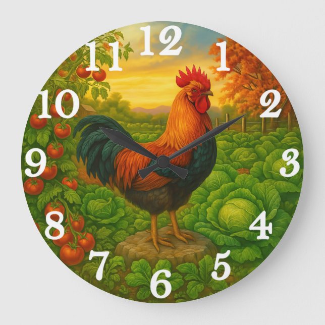 Reloj Redondo Grande Vibrant rooster in vegetable garden (Anverso)