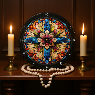 Reloj Redondo Grande Vibrante Cruz Floral de vidrio templado