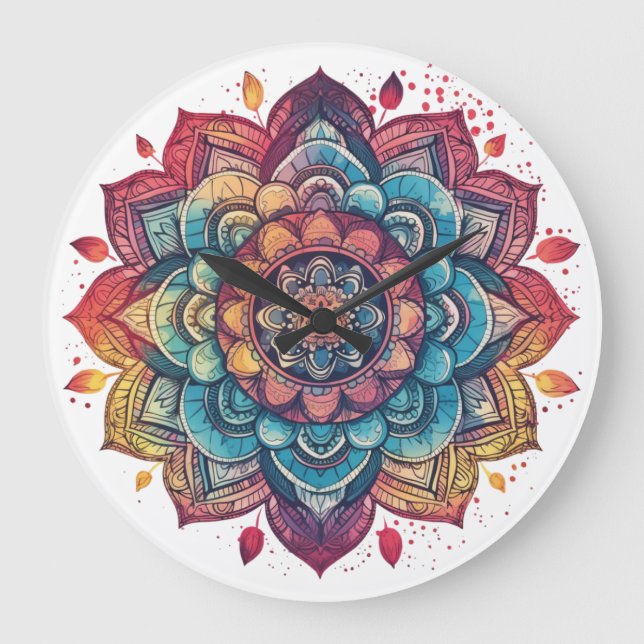 Reloj Redondo Grande Vibrante, intrincada, bohemio, Mandala Art (Anverso)