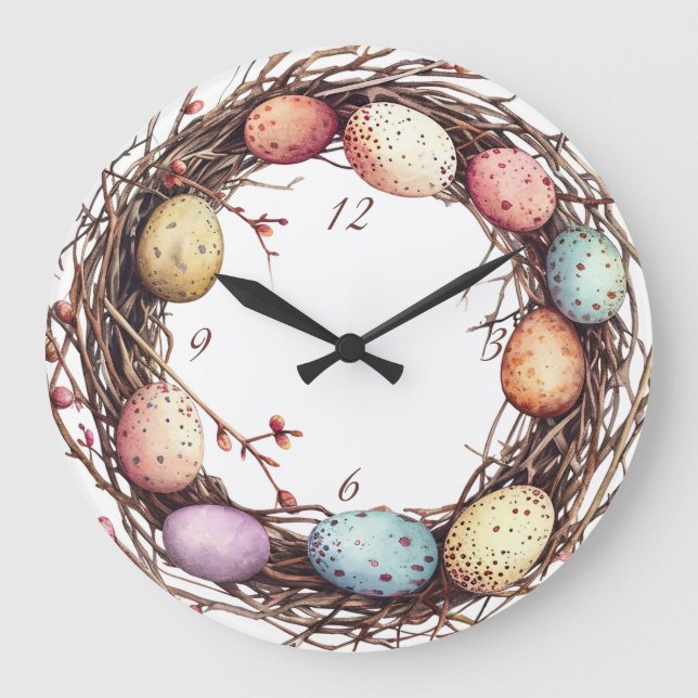 Reloj Redondo Grande Vibrante Springtime Egg Nest Easter Brunch (Anverso)