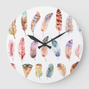 Reloj Redondo Grande Vibrantes plumas Boho: Ilustracion acuarela
