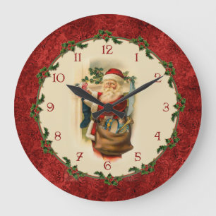 Reloj Redondo Grande Victorian Papá Noel con la frontera del acebo