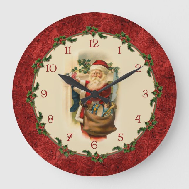 Reloj Redondo Grande Victorian Papá Noel con la frontera del acebo (Anverso)
