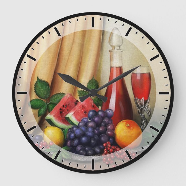 Reloj Redondo Grande Vida clásica con vino y frutas (Anverso)