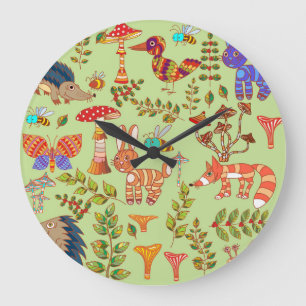 Reloj Redondo Grande Vida en el Bosque: Ilustración Vintage de Flora y