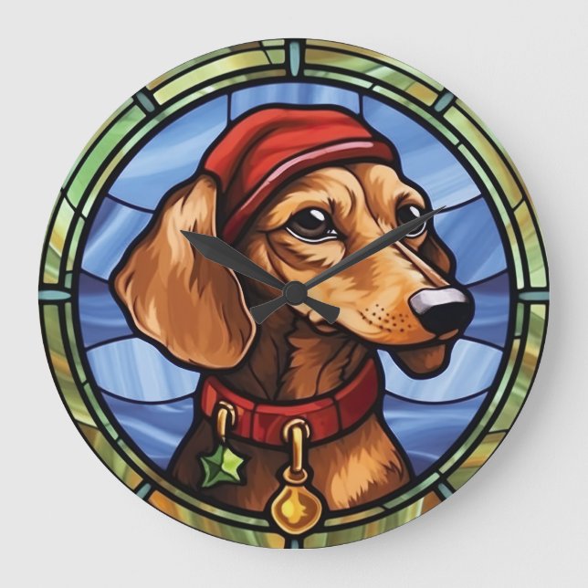 Reloj Redondo Grande Vidriera de Dachshund Navidad (Anverso)